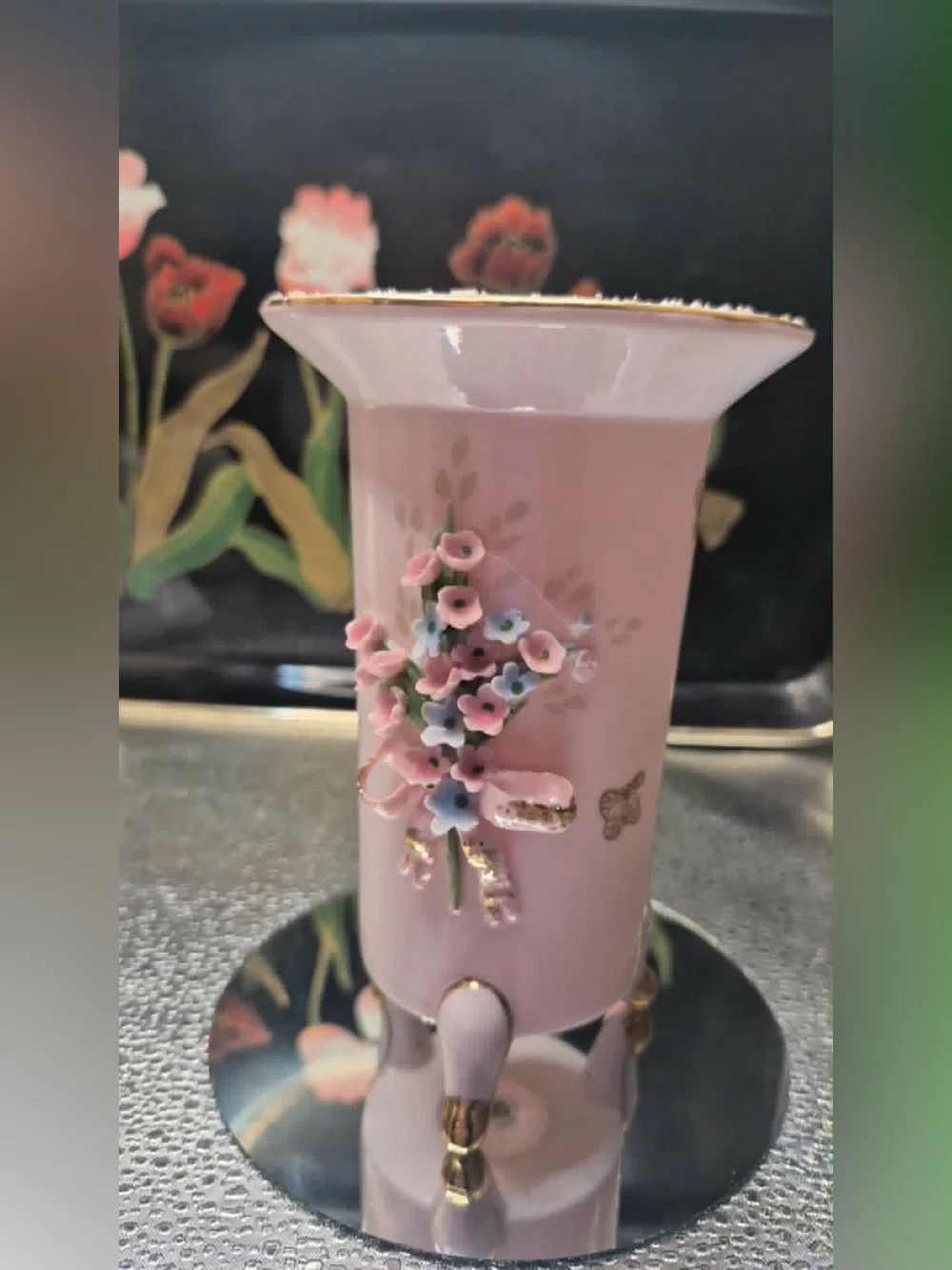 Vintage MCM Pink Lefton China Footed Bud Vase 24k Gold Sugared Rim & butterflies